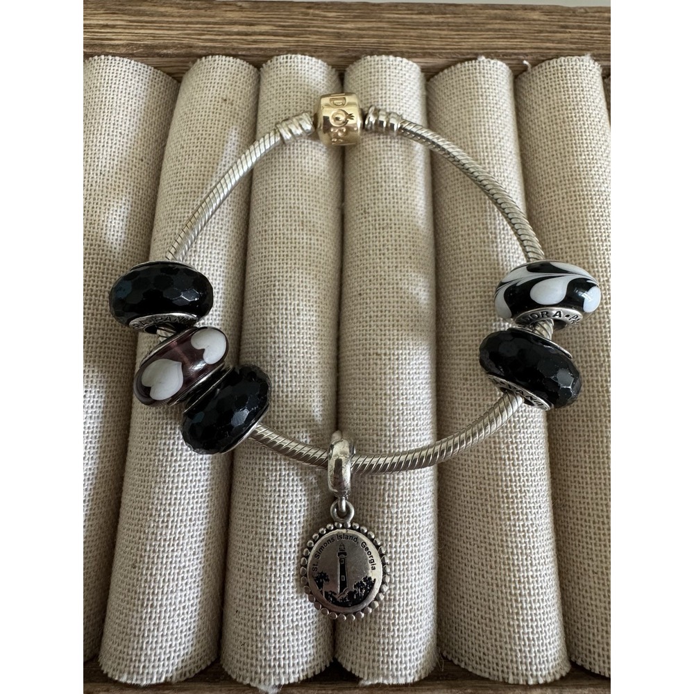 Pandora Gold Barrel Clasp 925 Sterling Silver Snake Bracelet ALE + 6 Charms 34g - Picture 7 of 9